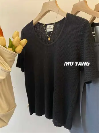 突显身材 三色圆领细羊毛短袖针织衫 薄款纹理修身显瘦百搭上衣夏商品大图