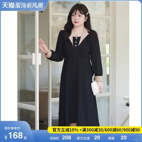 2024初春新款大码女装法式气质连衣裙A字收腰显瘦胖MM长袖小黑裙图片