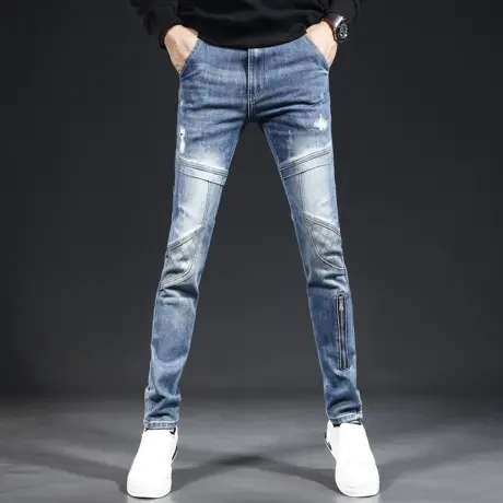 高级破洞牛仔裤男秋季2023新款蓝色拼接修身小脚男士弹力高端裤子图片