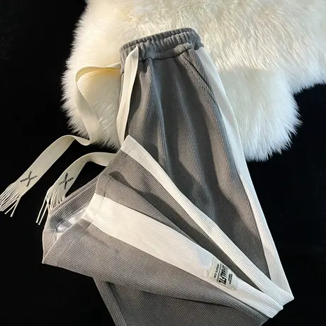 侧边条纹撞色灯芯绒休闲裤男春秋季百搭宽松直筒九分运动阔腿裤子商品大图