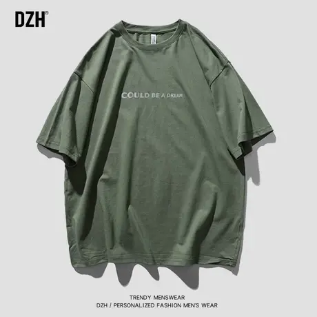 男士军绿色t恤男ins潮流百搭纯棉短袖宽松设计感小众男装2023新款商品大图