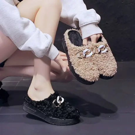 羊羔毛毛半拖鞋女外穿ins潮2023秋冬季厚底增高坡跟包头棉拖鞋子商品大图