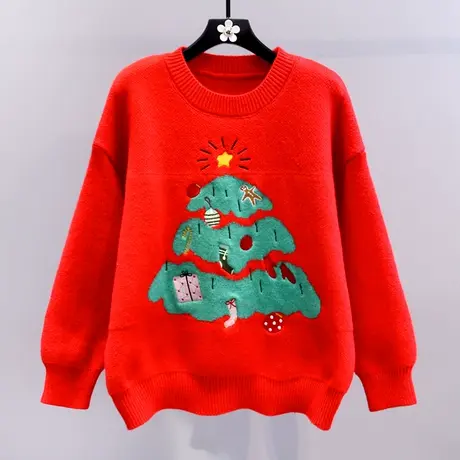 圣诞树红色毛衣女冬季2023新款宽松慵懒风设计感洋气减龄针织上衣商品大图