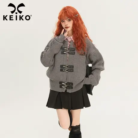 KEIKO 美式学院扭花毛衣外套女加厚秋冬酷感皮扣饰灯笼袖针织开衫商品大图