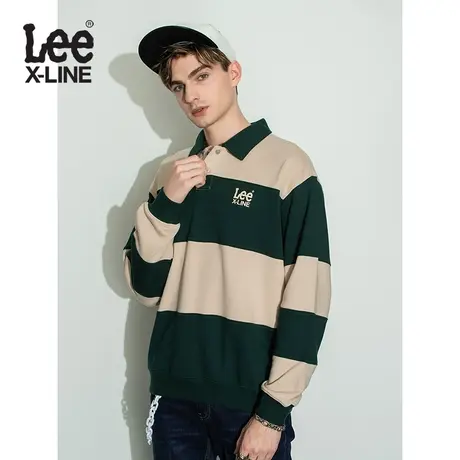 【直播间专享秒杀】LeeXLINE22秋冬新品舒适松叶绿条纹男翻领卫衣图片