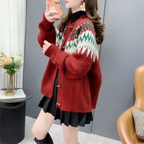 费尔岛红色毛衣开衫女秋冬2023新款加厚牛角扣小个子爆款针织外套图片