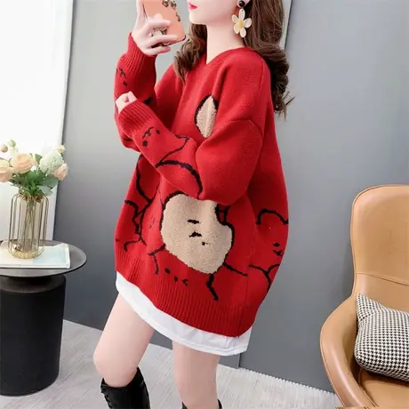 今年流行红色小熊圆领毛衣女秋冬2023新款加厚爆款假两件针织上衣图片