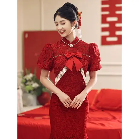 敬酒服2023新款新娘订婚礼服女高级感中式蕾丝鱼尾旗袍夏季连衣裙商品大图
