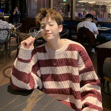 条纹毛衣男秋冬款慵懒日系宽松打底复古潮牌情侣款长袖撞色针织衫图片