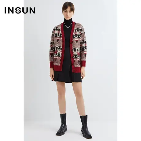 INSUN恩裳春季宽松浣熊绒几何提花针织衫图片