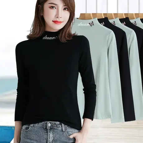 罗纹半高领打底衫女2024春秋季领口字母修身百搭黑色长袖t恤上衣图片