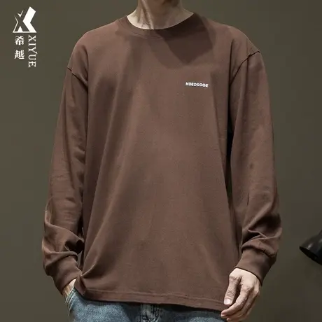 希越春季纯棉长袖T恤男2024新款宽松大码字母印花圆领打底衫上衣商品大图