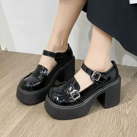 法式粗跟玛丽珍鞋女2024新款小个子厚底浅口单鞋英伦风高跟小皮鞋商品大图