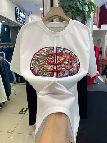 中国龙刺绣盘扣短袖T恤女2024春装新款宽松复古气质打底衫上衣潮商品大图