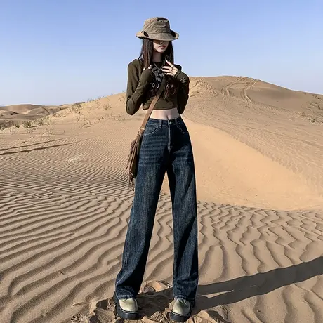 水泥灰窄版阔腿牛仔裤女春秋2024年新款高腰显瘦宽松直筒拖地裤子图片