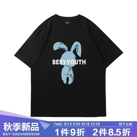 潮牌短袖T恤男2023夏季新款情侣潮流兔子印花男装宽松休闲风上衣商品大图