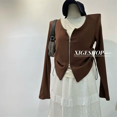 假两件螺纹长袖T恤女显瘦设计感双头拉链抽绳收腰短款休闲上衣春商品大图