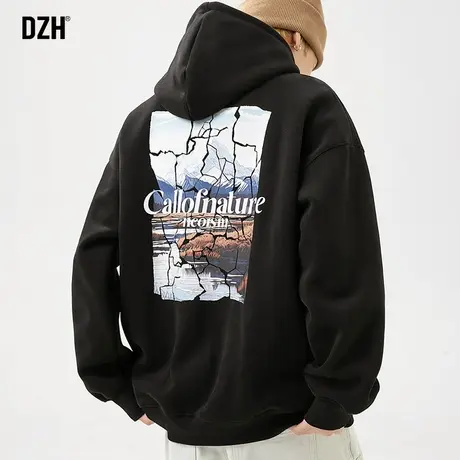 男士印花连帽卫衣男春季宽松重磅2024新款黑色打底上衣连帽衫外套商品大图