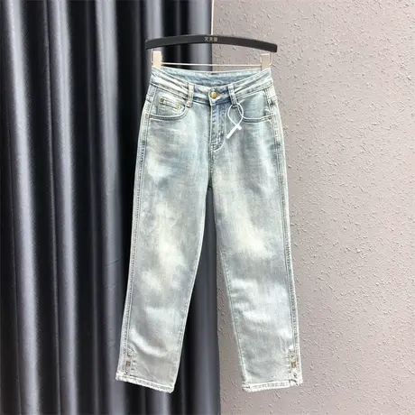 韩版直筒裤女2024春夏新款浅蓝色阔脚金属装饰高腰百搭牛仔烟管裤图片