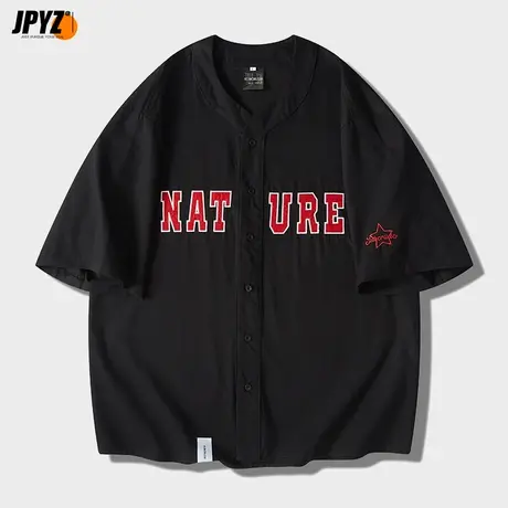 国潮刺绣宽松短袖半袖衬衫男新款美式潮牌ins百搭素色工装衬衣外商品大图