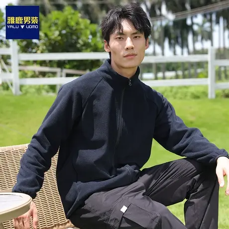 雅鹿男装立领加绒卫衣男士加厚摇粒绒2023新款宽松帅气开衫外套潮商品大图
