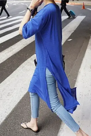 圆领t恤女克莱因蓝短袖夏显瘦减龄半袖设计感开叉蓝色竹节棉上衣图片