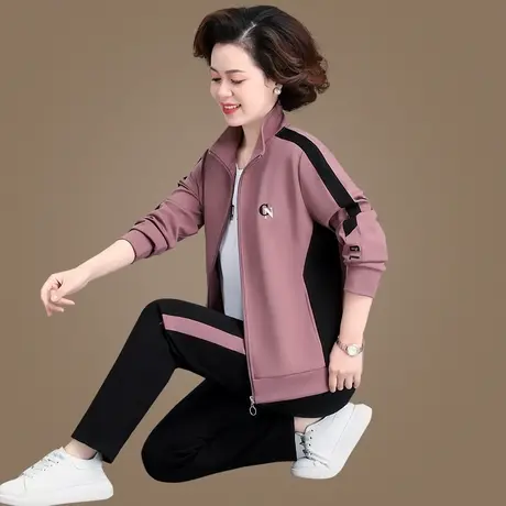 中年妈妈休闲运动服套装女士春季新款洋气中老年秋拉链外套三件套图片