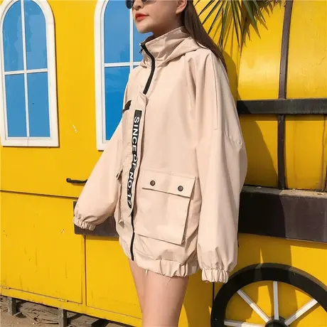 ulzzang工装外套女2021春秋新款bf原宿风嘻哈宽松连帽棒球服夹克图片
