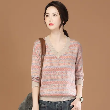 韩潮袭人复古条纹V领套头针织衫女2023秋装新款长袖宽松打底毛衣商品大图