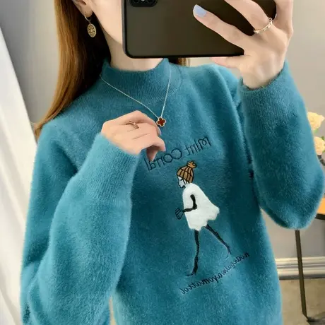 半高领毛衣女水貂绒加厚打底衫2023秋冬新款宽松针织衫内搭上衣潮商品大图