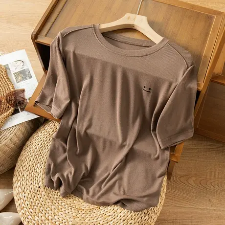 享永子短袖T恤女宽松显瘦百搭休闲纯色小衫上衣圆领2023春夏新款商品大图