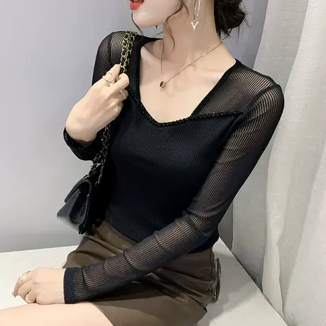 时尚钉珠网纱T恤女长袖加绒气质性感V领打底衫女春秋内搭紧身上衣商品大图