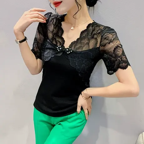 复古蕾丝拼接上衣女2023夏季新款修身性感V领T恤心机镂空洋气小衫图片