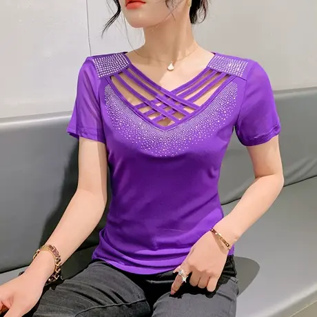 性感网纱短袖T恤女2023夏季新款时尚洋气烫钻上衣心机镂空小衫ins图片