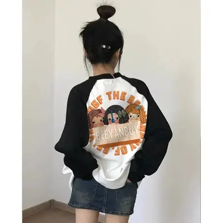 秋冬冬新款美式慵懒风黑白色插肩拼接薄款长袖T恤女内搭打底上衣商品大图