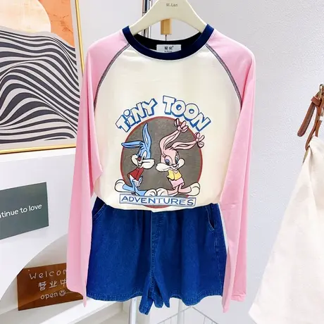 韩代款~夏秋款长袖雪花棉长袖T恤卡通印花防晒衫打底上衣女休闲商品大图