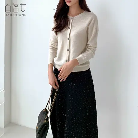 百洛安圆领长袖针织开衫女秋新款一体成型无缝羊毛衫宽松毛衣外套图片