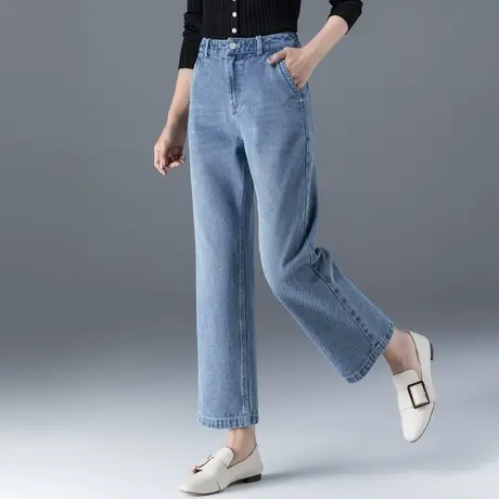 女士牛仔裤女直筒宽松大码高腰9分春秋2023年新款阔腿裤九分女裤商品大图