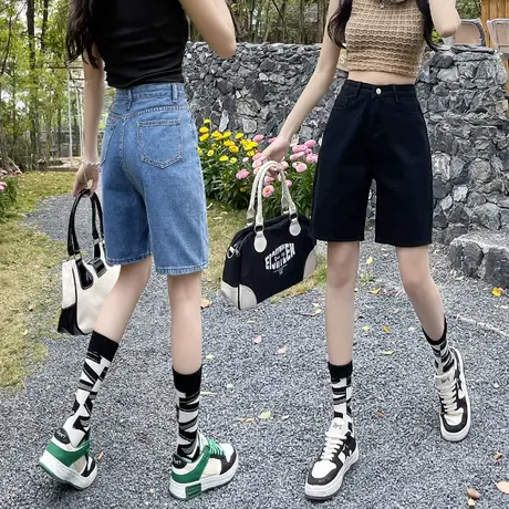 黑色高腰牛仔短裤女春秋季款2023年新款直筒宽松小个子百搭五分裤图片