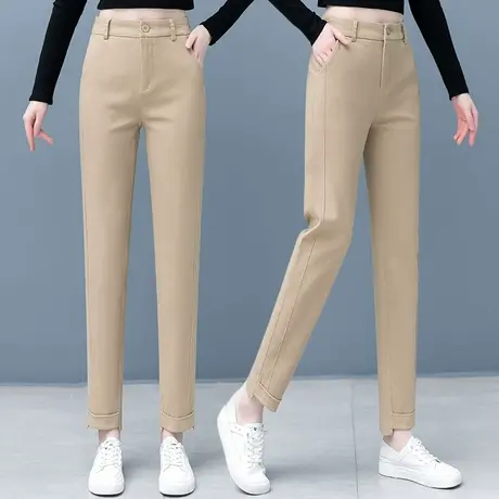 卡其色裤子女春秋2023年新款松紧腰哈伦裤高腰百搭休闲萝卜老爹裤商品大图