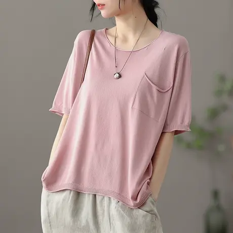 dza复古棉质宽松短袖t恤女士夏季2023新款漂亮上衣薄款打底衫衣服商品大图