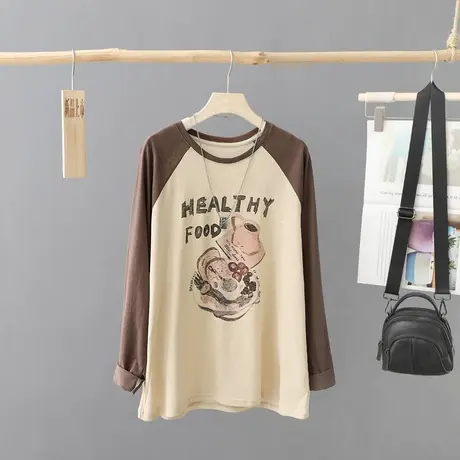 字母t恤女长袖2023年早秋新款圆领套头宽松休闲学生上衣百搭体恤图片