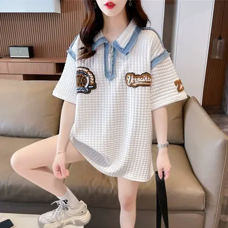 小众设计感短袖t恤女夏装韩版宽松大码中长款翻领撞色牛仔上衣服图片