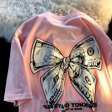 纯棉美式蝴蝶结短袖t恤女ins潮牌夏季宽松设计感复古港味chic上衣图片