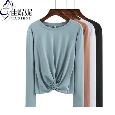 春秋新韩版纯棉圆领长袖体恤宽松短款上衣T恤纯色女装小心机打结商品大图