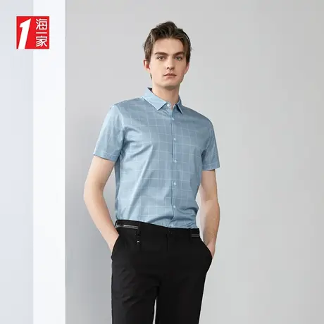 海一家时尚格纹短衬2023夏季新款商务休闲亲肤透气短袖针织衬衫男商品大图