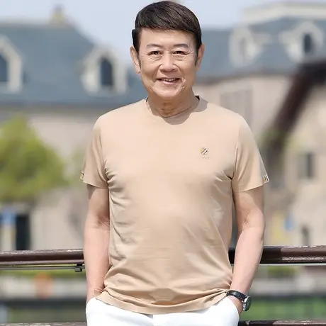 冰丝短袖t恤男士夏季薄款中年爸爸装纯色圆领半袖卡其丝光棉上衣图片