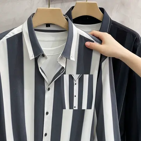 设计感竖条纹衬衫男韩版修身潮流休闲帅气轻奢高级感男士长袖衬衣商品大图