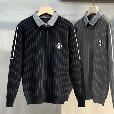 男装秋装假两件毛衣男春秋款衬衫加绒加厚条纹秋冬男士针织衫外套商品大图