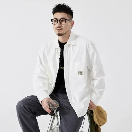 Modi Nick/摩帝尼克重磅洗水男士宽松纯棉休闲白色衬衫男款上衣商品大图